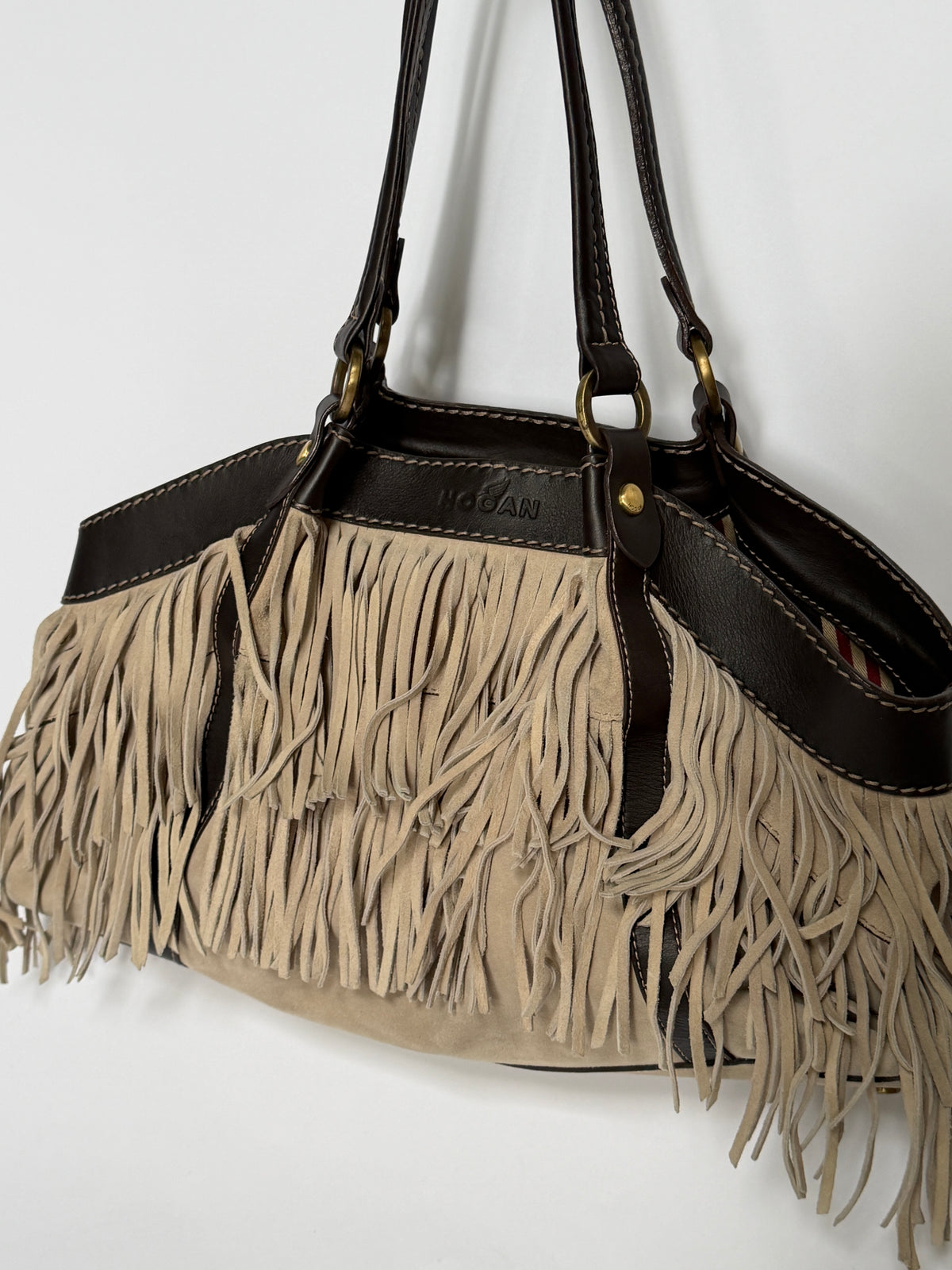Suede Fringe Shoulder Bag with Striped Lining