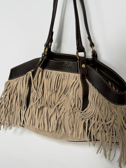 Suede Fringe Shoulder Bag with Striped Lining