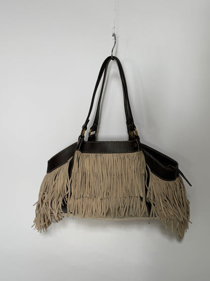 Suede Fringe Shoulder Bag with Striped Lining