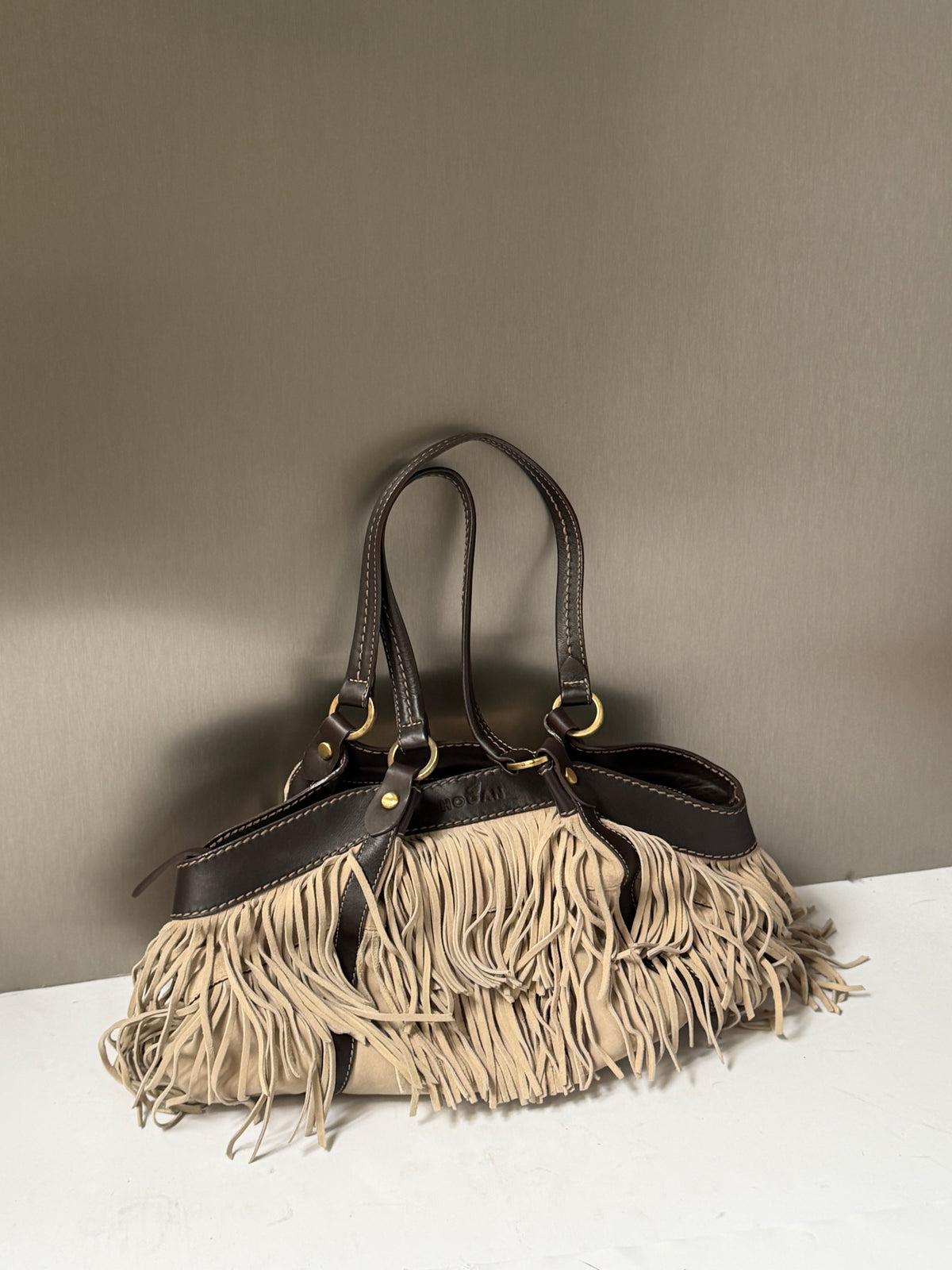 Suede Fringe Shoulder Bag with Striped Lining