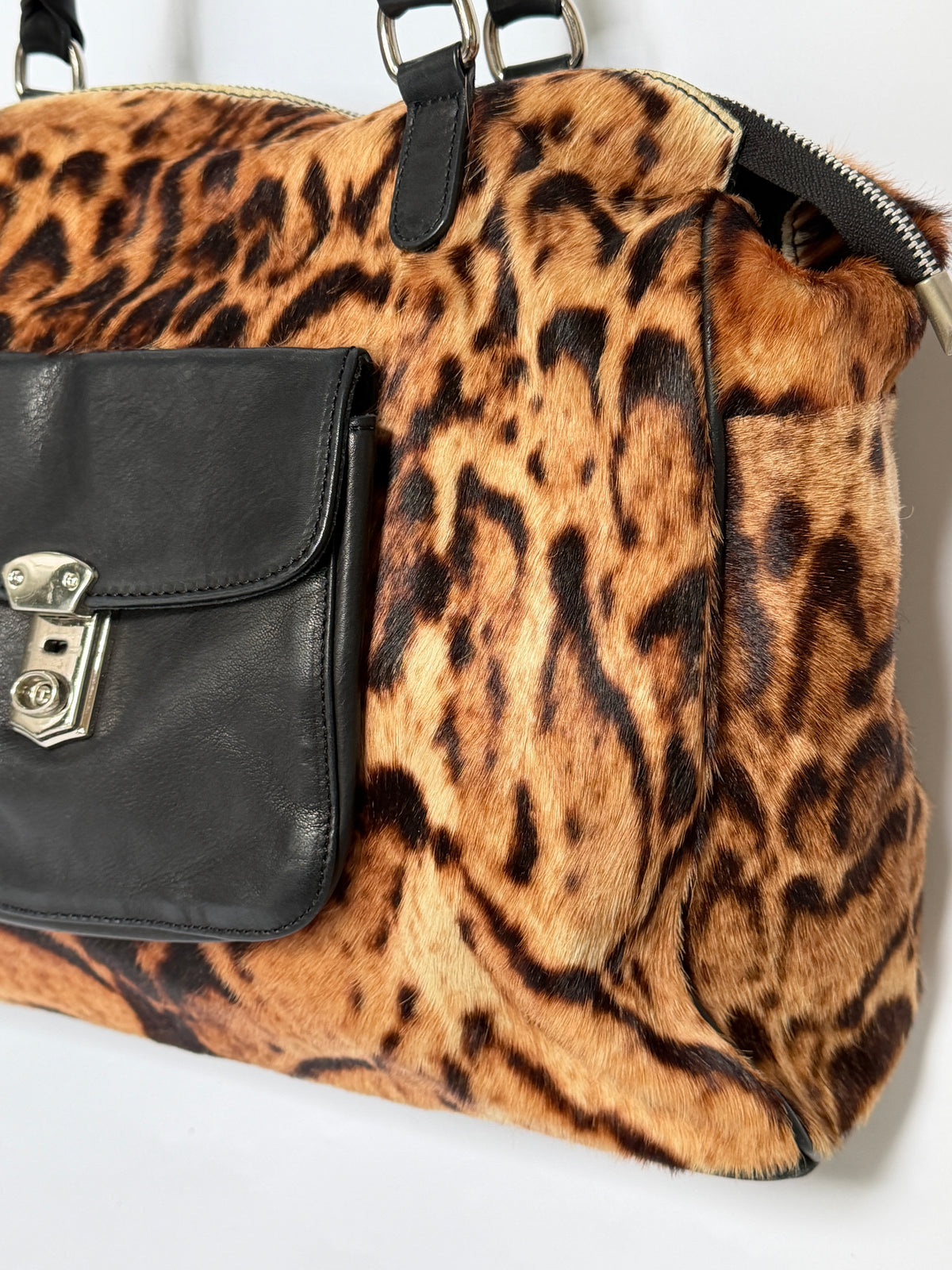 Large Leopard Print Pony Hair Duffle Bag