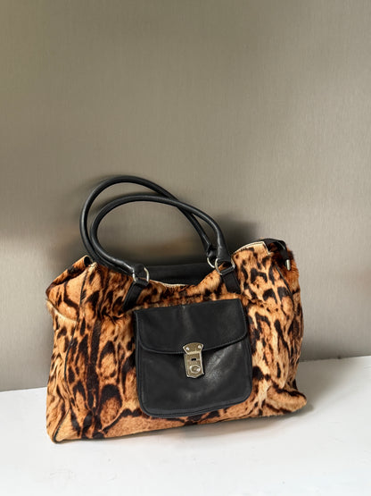 Large Leopard Print Pony Hair Duffle Bag