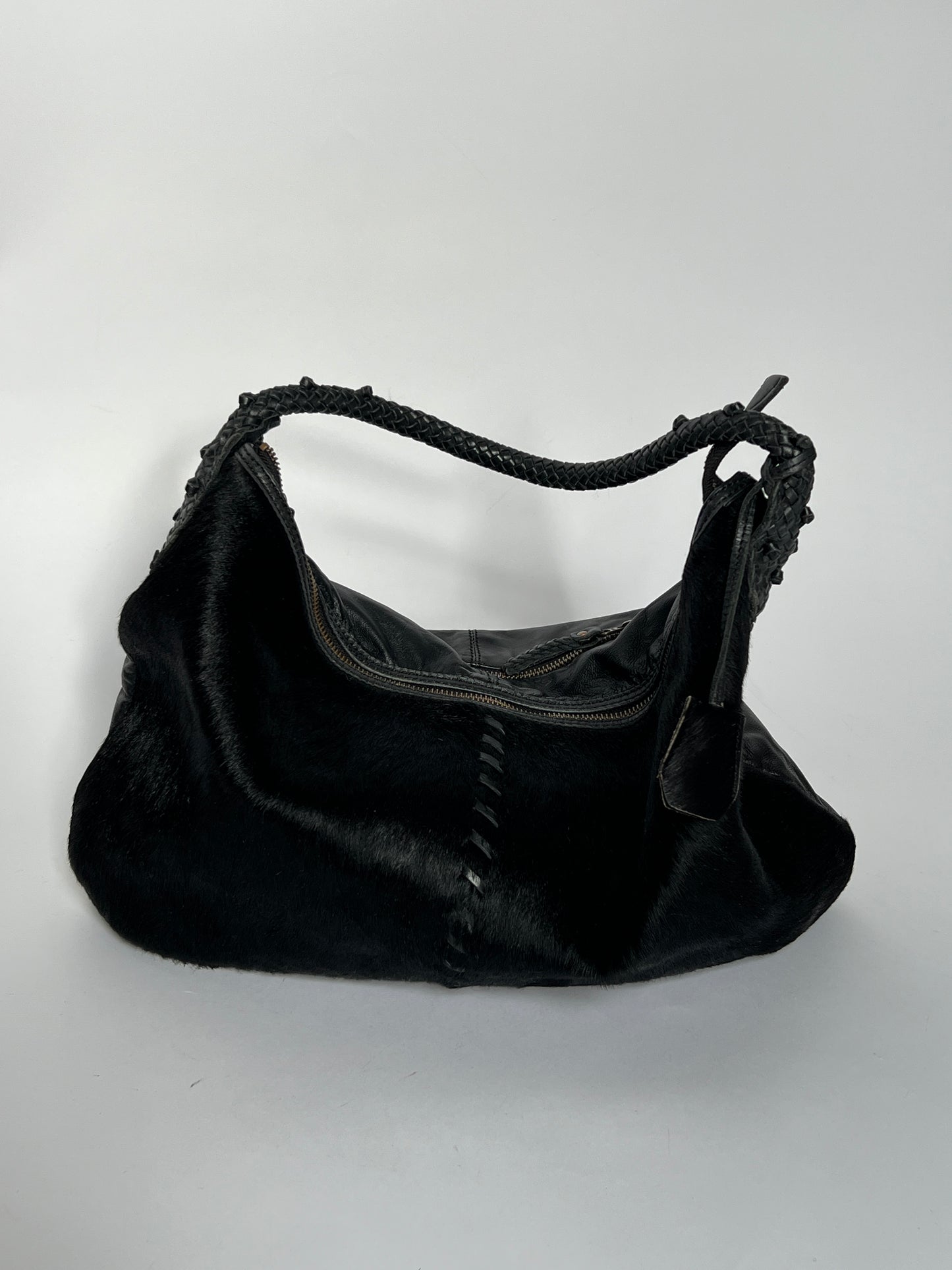 Black Leather Cowhide Hobo Bag
