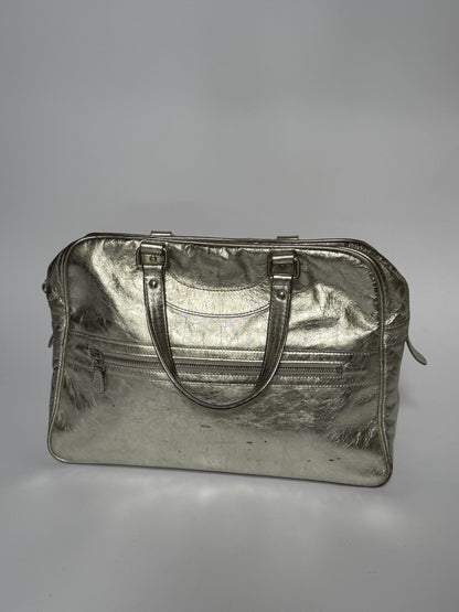 Metallic Silver Leather Duffle Bag (Smaller size)
