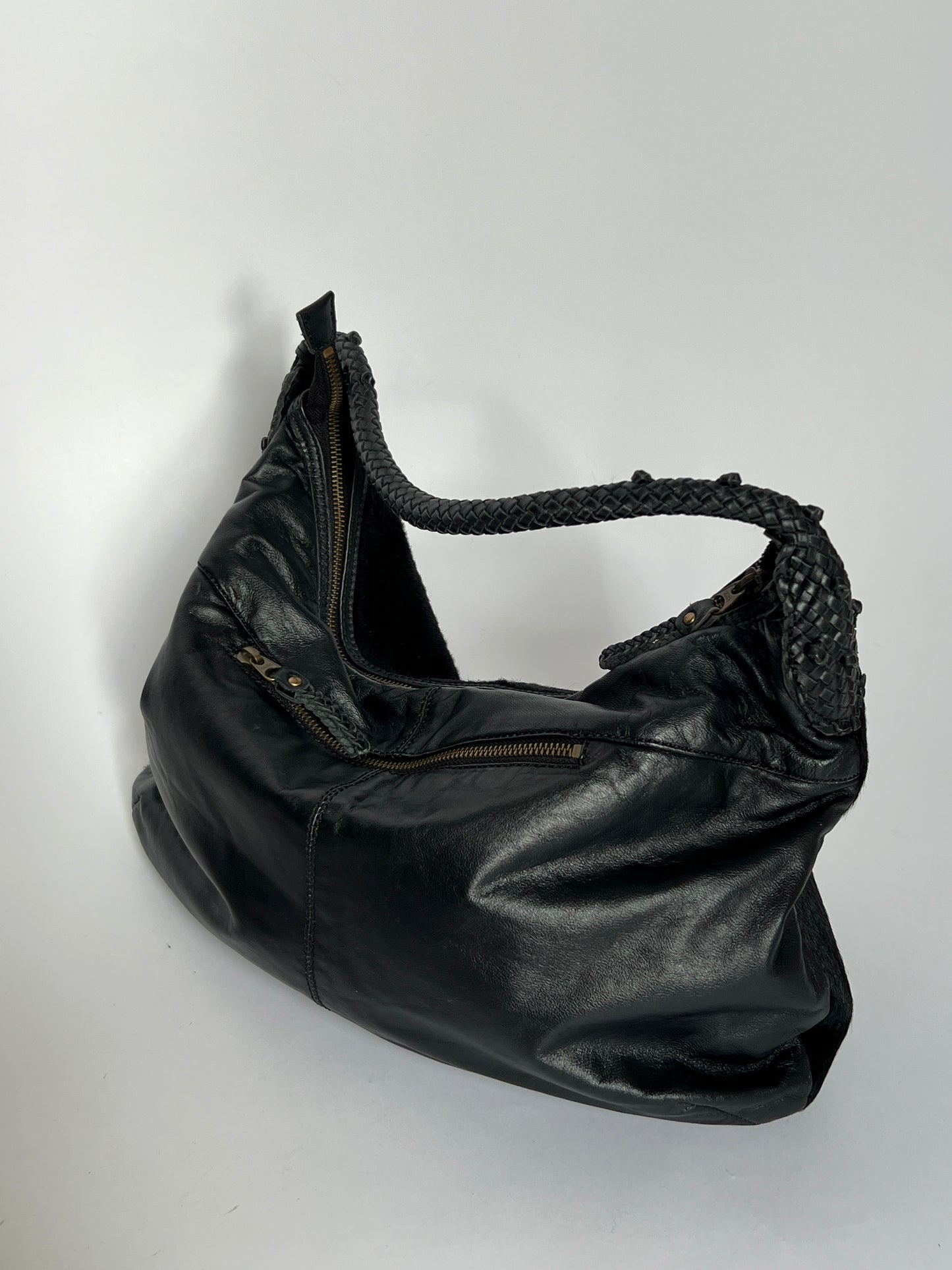 Black Leather Cowhide Hobo Bag