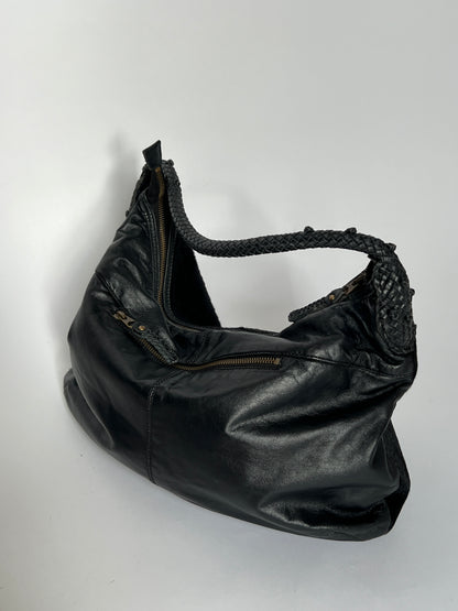Black Leather Cowhide Hobo Bag