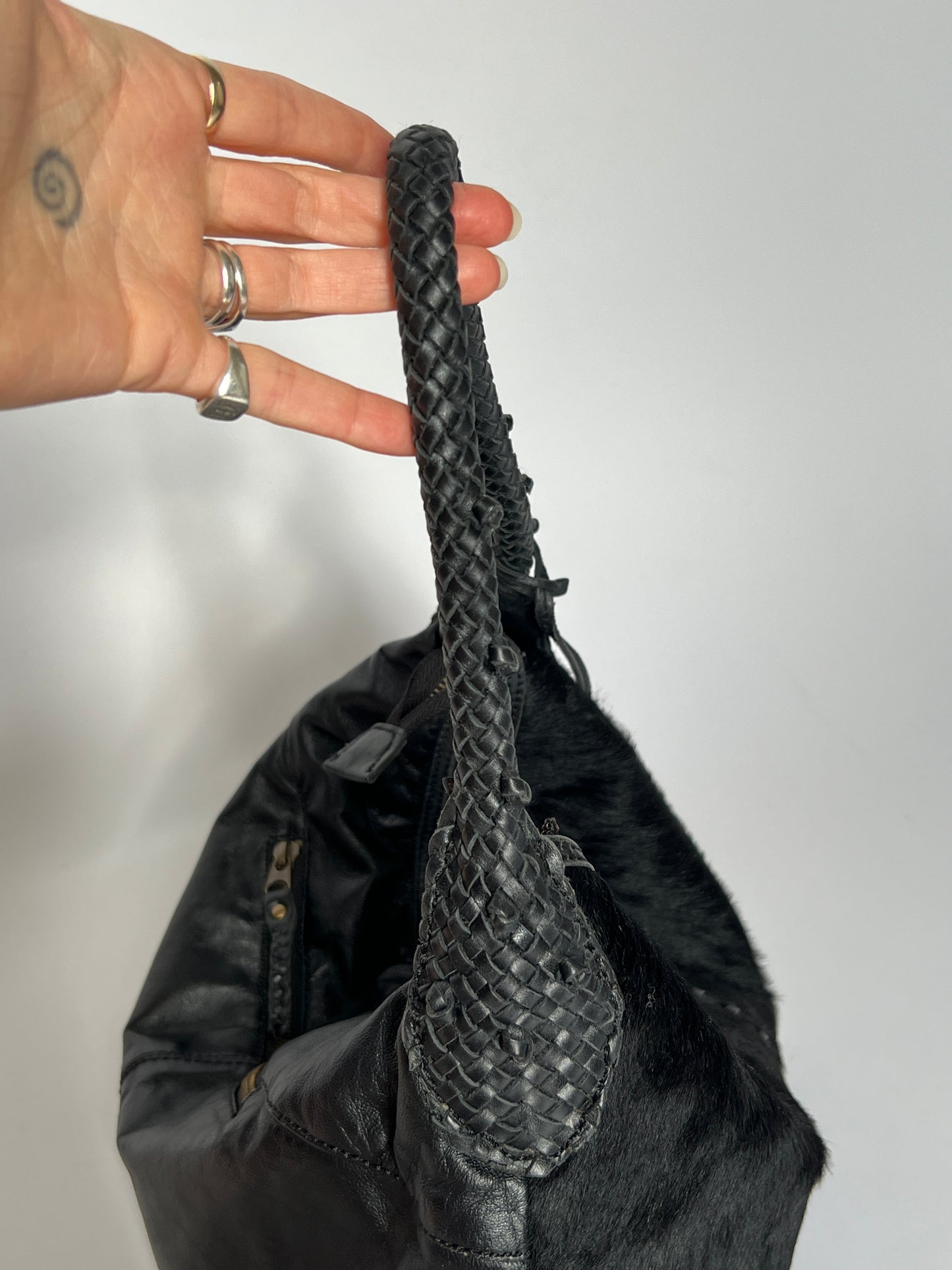 Black Leather Cowhide Hobo Bag