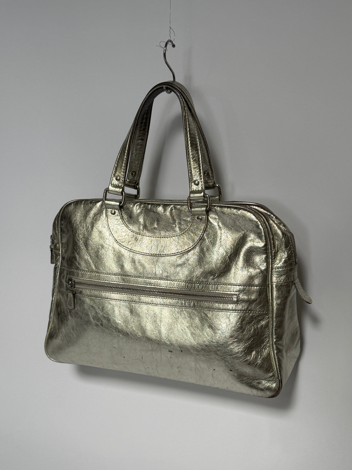 Metallic Silver Leather Duffle Bag (Smaller size)