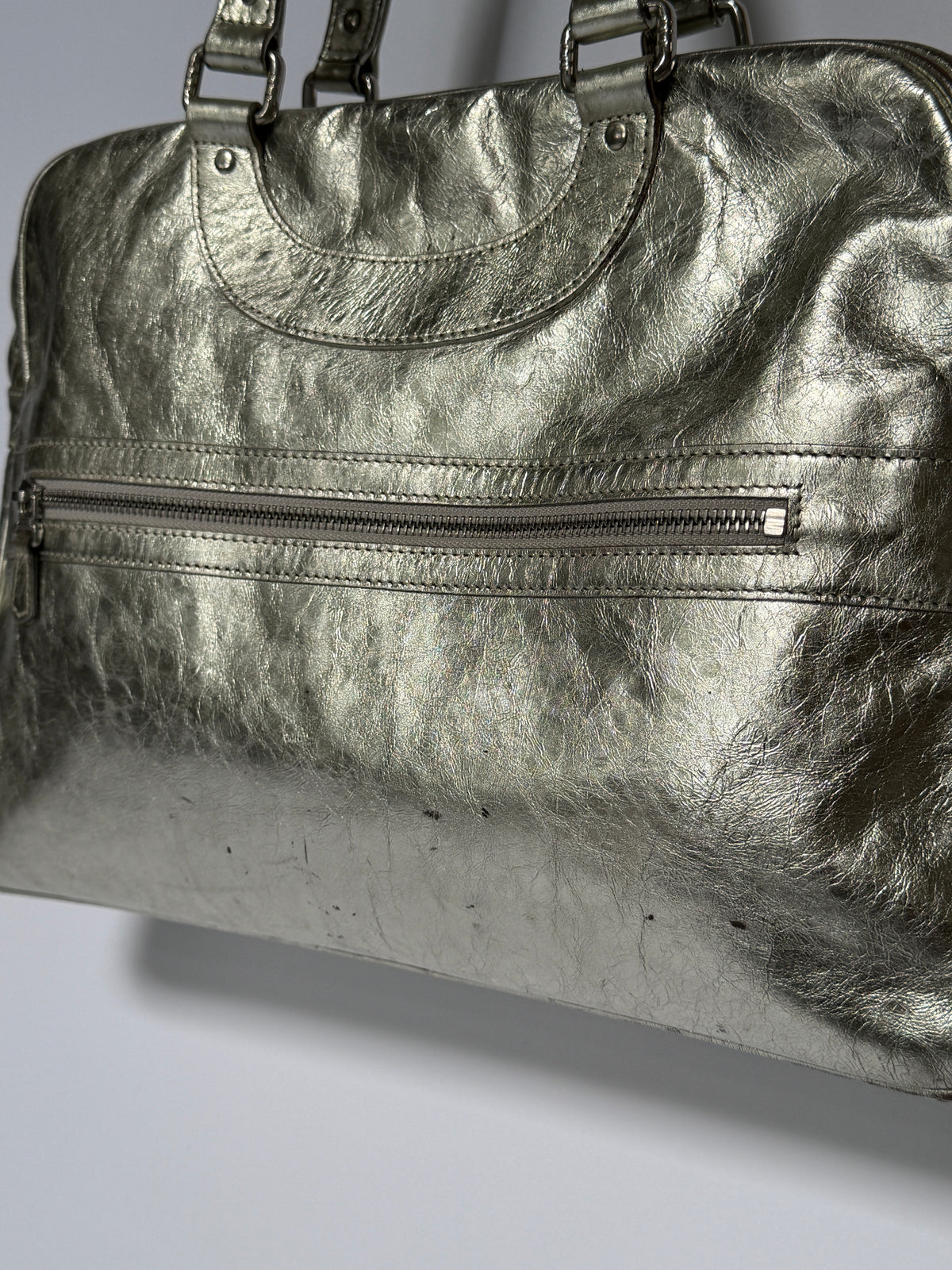 Metallic Silver Leather Duffle Bag (Smaller size)
