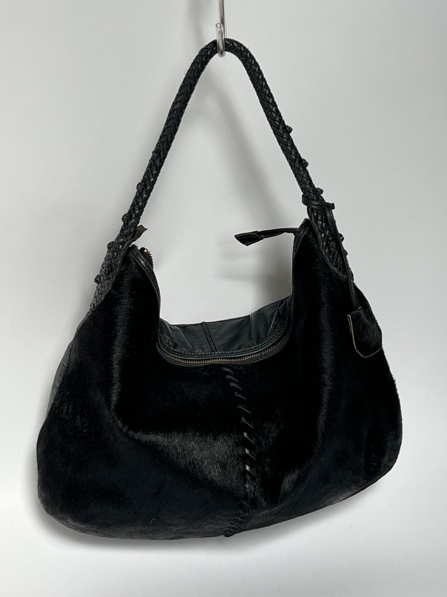 Black Leather Cowhide Hobo Bag
