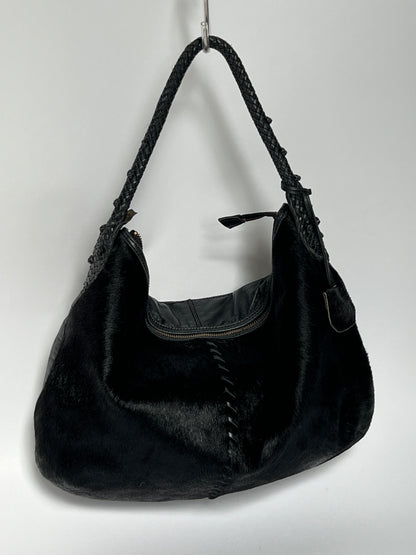 Black Leather Cowhide Hobo Bag
