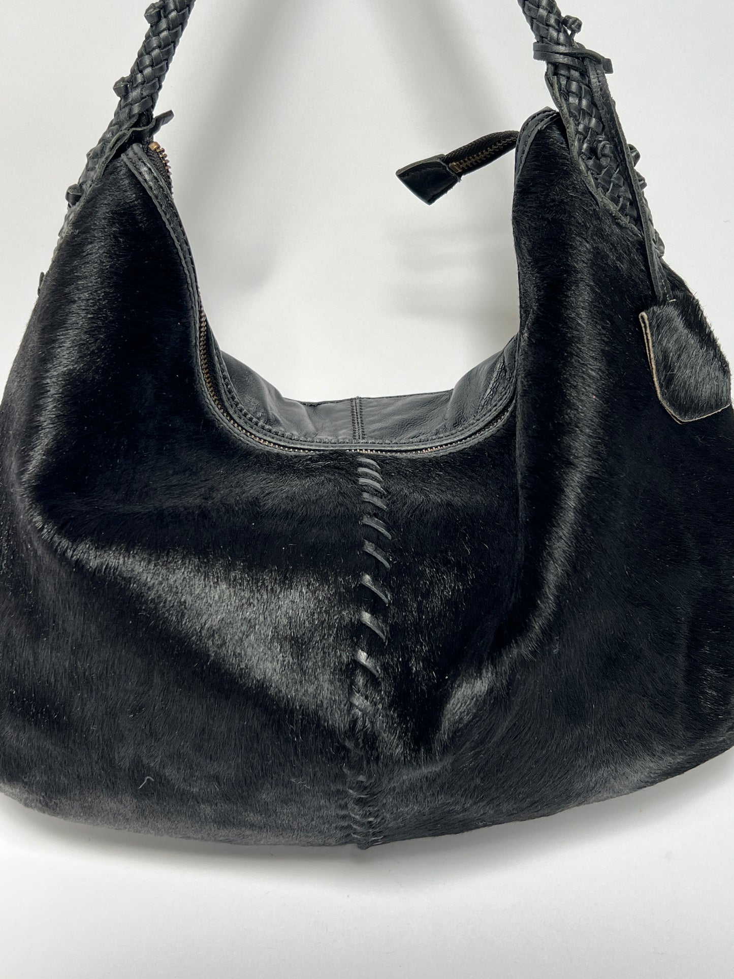 Black Leather Cowhide Hobo Bag