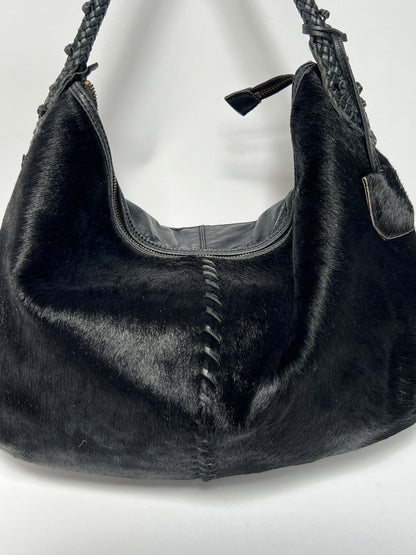 Black Leather Cowhide Hobo Bag
