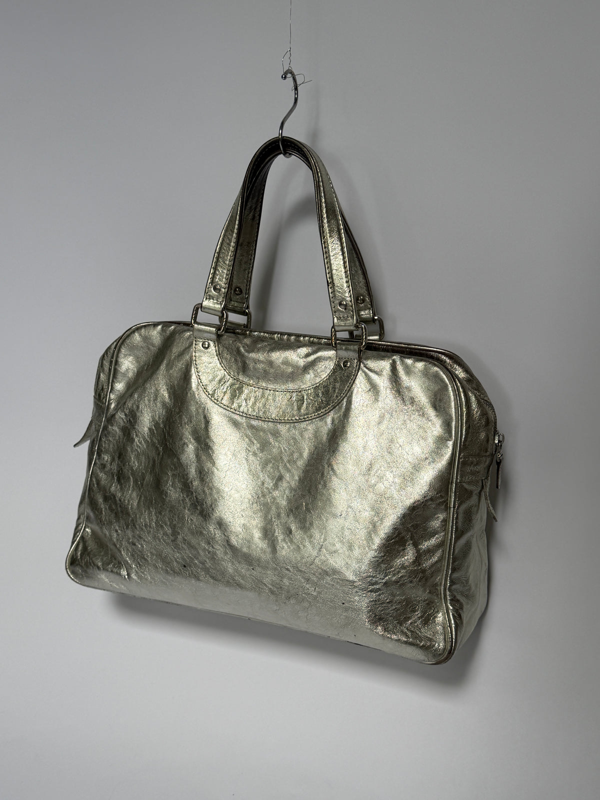 Metallic Silver Leather Duffle Bag (Smaller size)