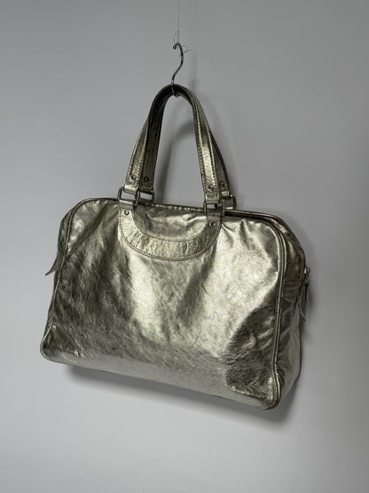 Metallic Silver Leather Duffle Bag (Smaller size)