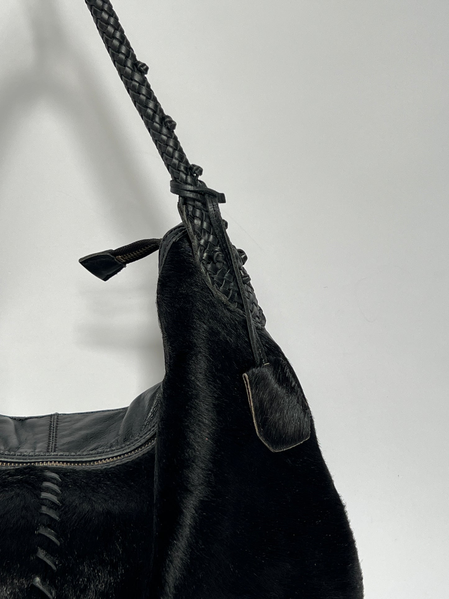 Black Leather Cowhide Hobo Bag