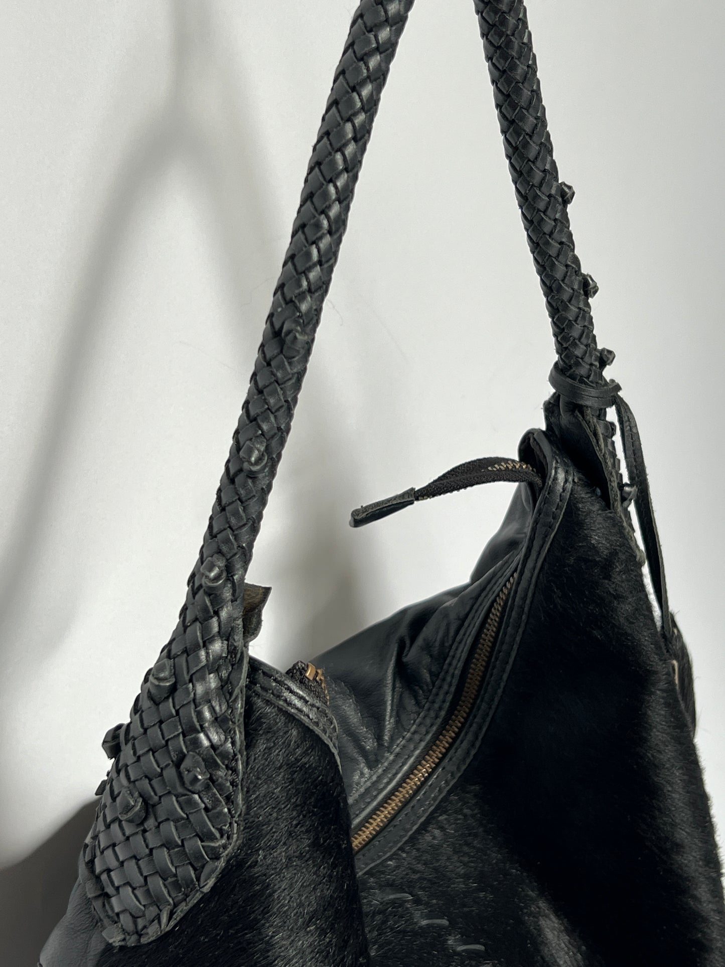Black Leather Cowhide Hobo Bag