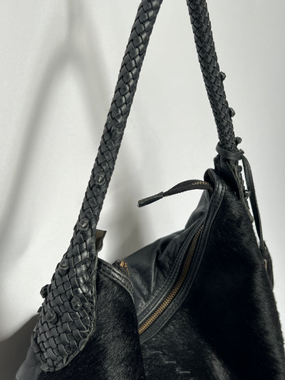 Black Leather Cowhide Hobo Bag