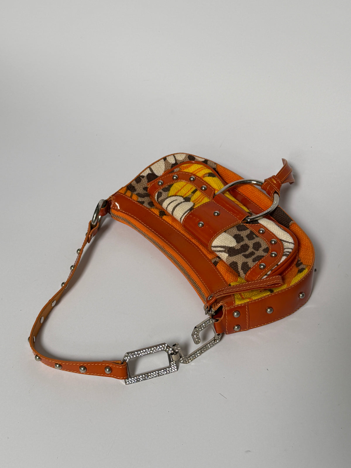 Early 2000s Orange Floral Leopard Print Canvas Shoulder Bag