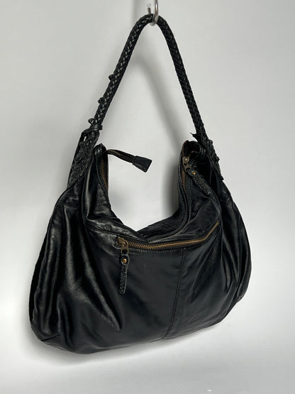 Black Leather Cowhide Hobo Bag