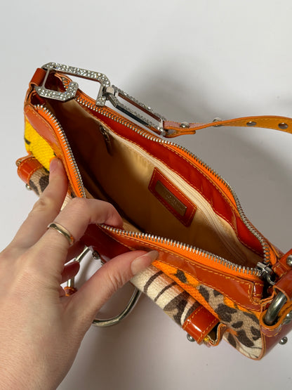 Early 2000s Orange Floral Leopard Print Canvas Shoulder Bag