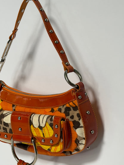 Early 2000s Orange Floral Leopard Print Canvas Shoulder Bag