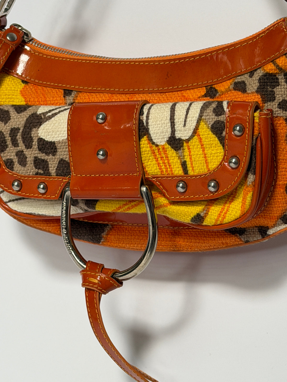 Early 2000s Orange Floral Leopard Print Canvas Shoulder Bag