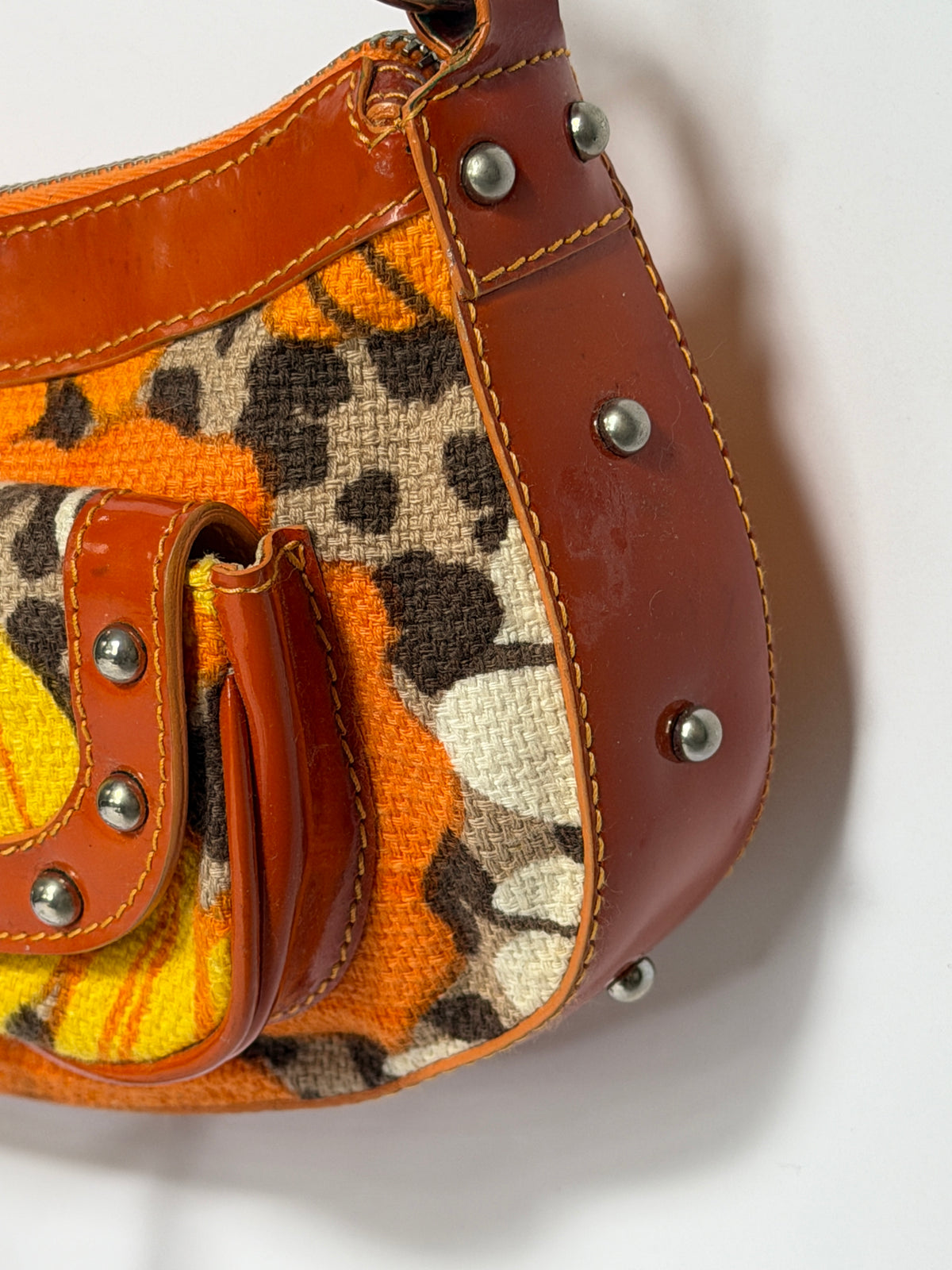 Early 2000s Orange Floral Leopard Print Canvas Shoulder Bag