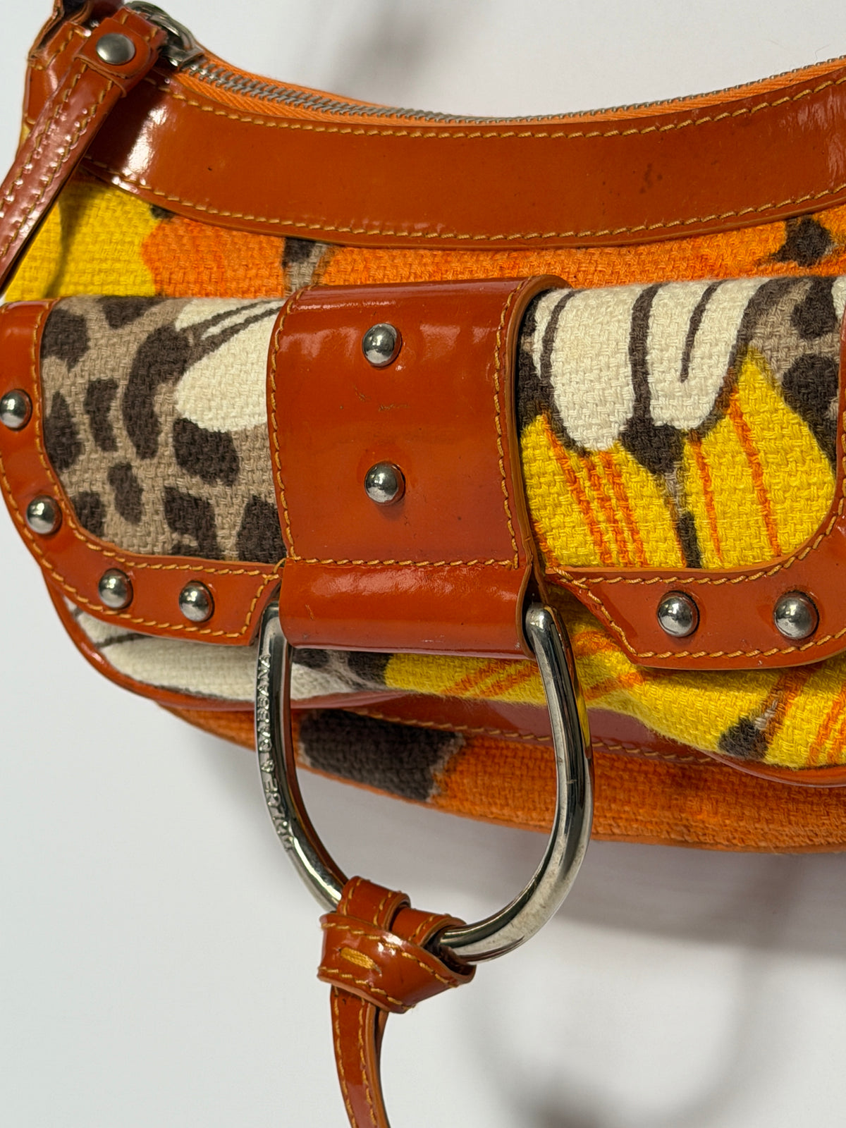 Early 2000s Orange Floral Leopard Print Canvas Shoulder Bag