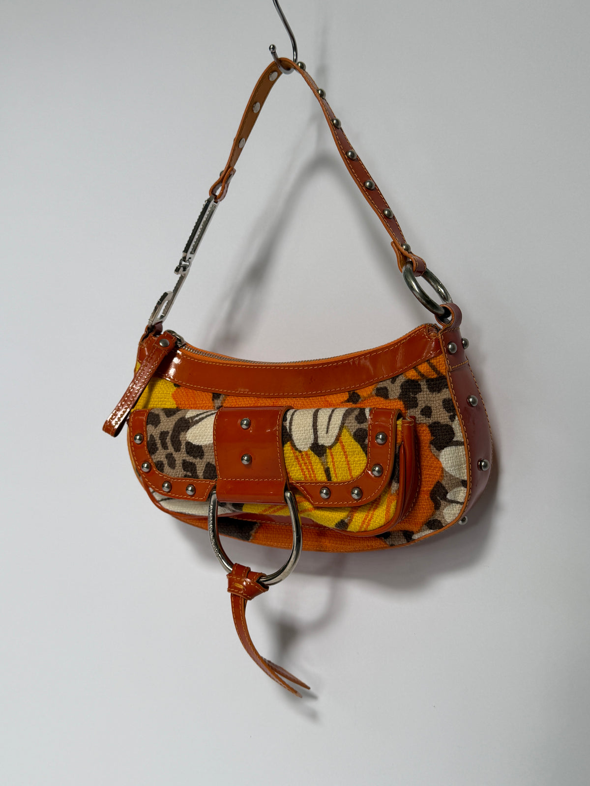 Early 2000s Orange Floral Leopard Print Canvas Shoulder Bag