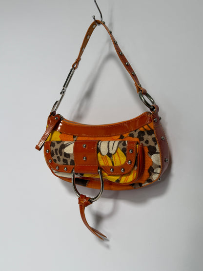 Early 2000s Orange Floral Leopard Print Canvas Shoulder Bag