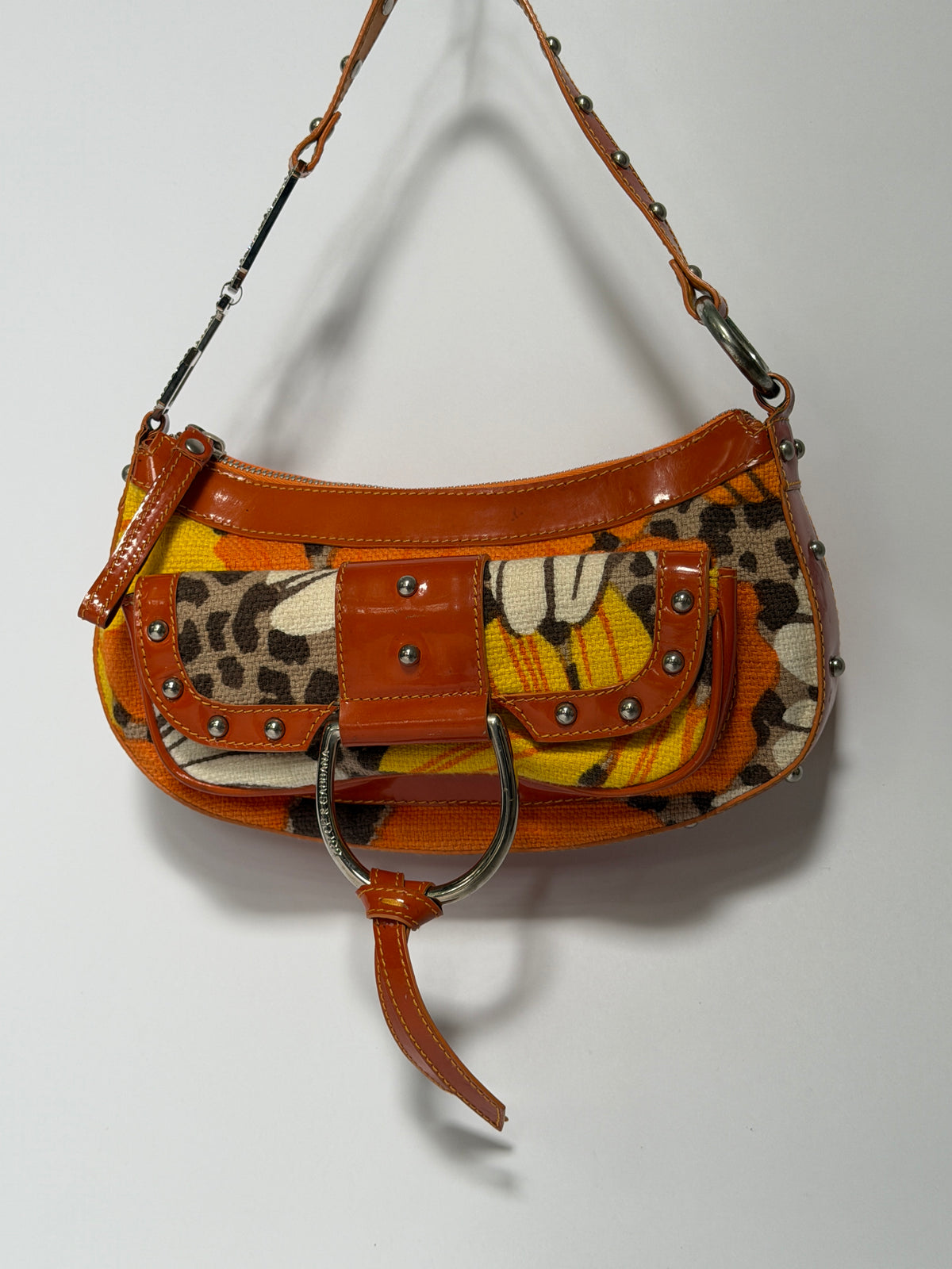 Early 2000s Orange Floral Leopard Print Canvas Shoulder Bag