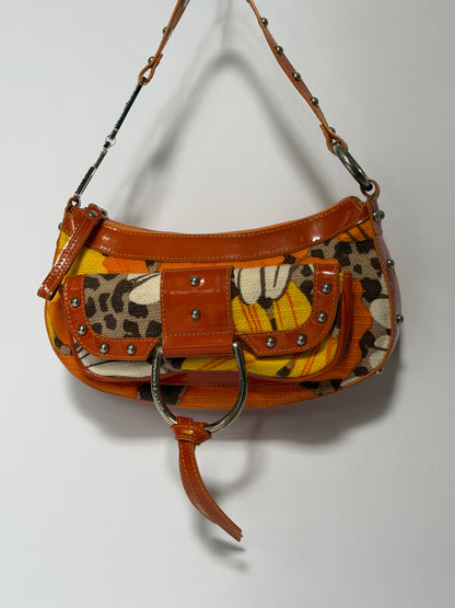 Early 2000s Orange Floral Leopard Print Canvas Shoulder Bag