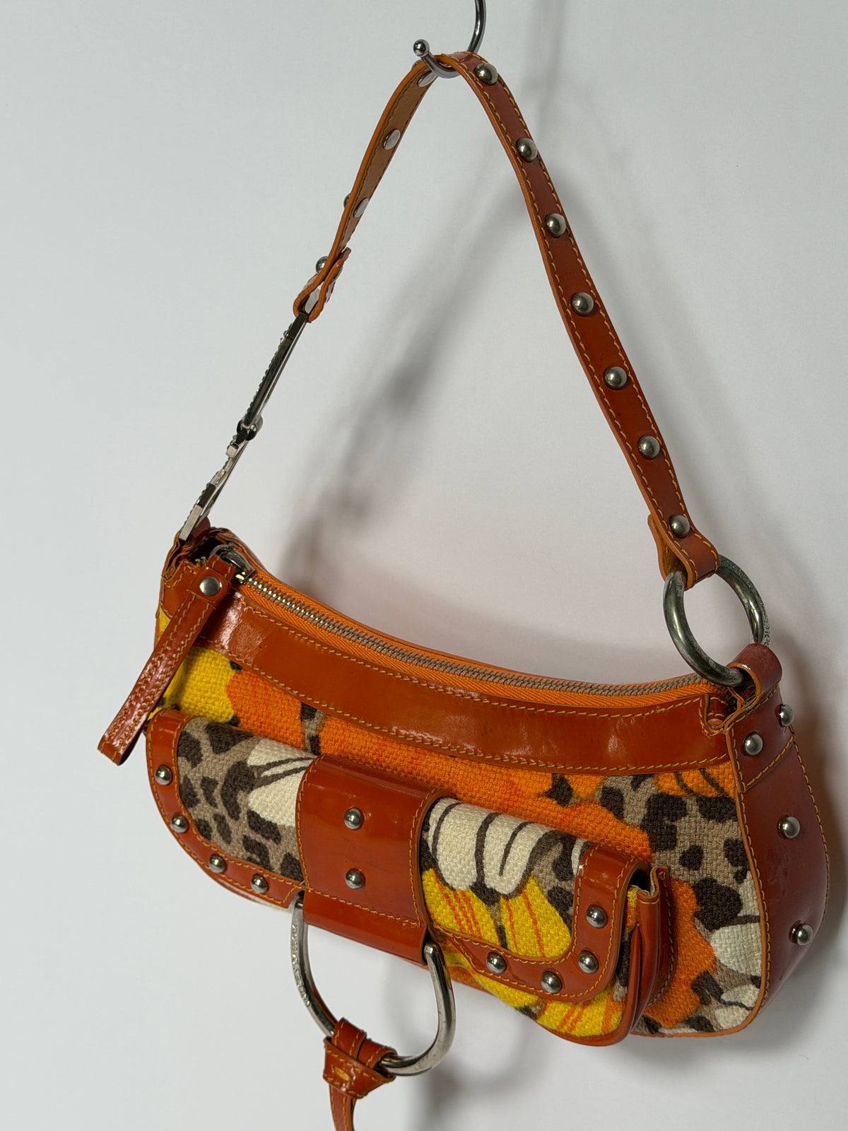 Early 2000s Orange Floral Leopard Print Canvas Shoulder Bag