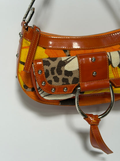 Early 2000s Orange Floral Leopard Print Canvas Shoulder Bag