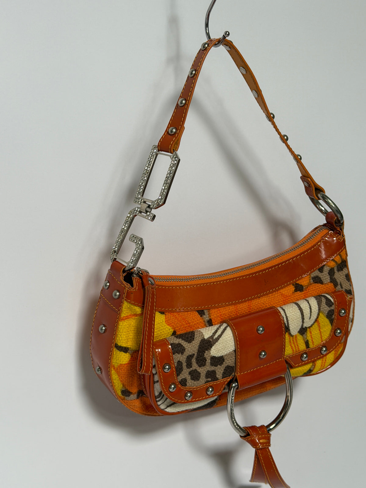 Early 2000s Orange Floral Leopard Print Canvas Shoulder Bag