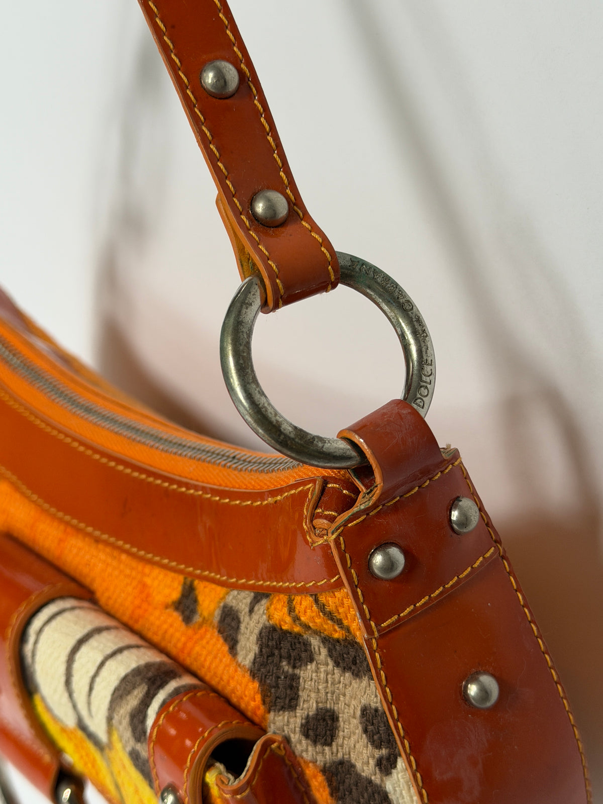 Early 2000s Orange Floral Leopard Print Canvas Shoulder Bag