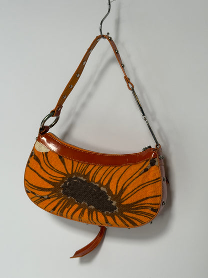 Early 2000s Orange Floral Leopard Print Canvas Shoulder Bag