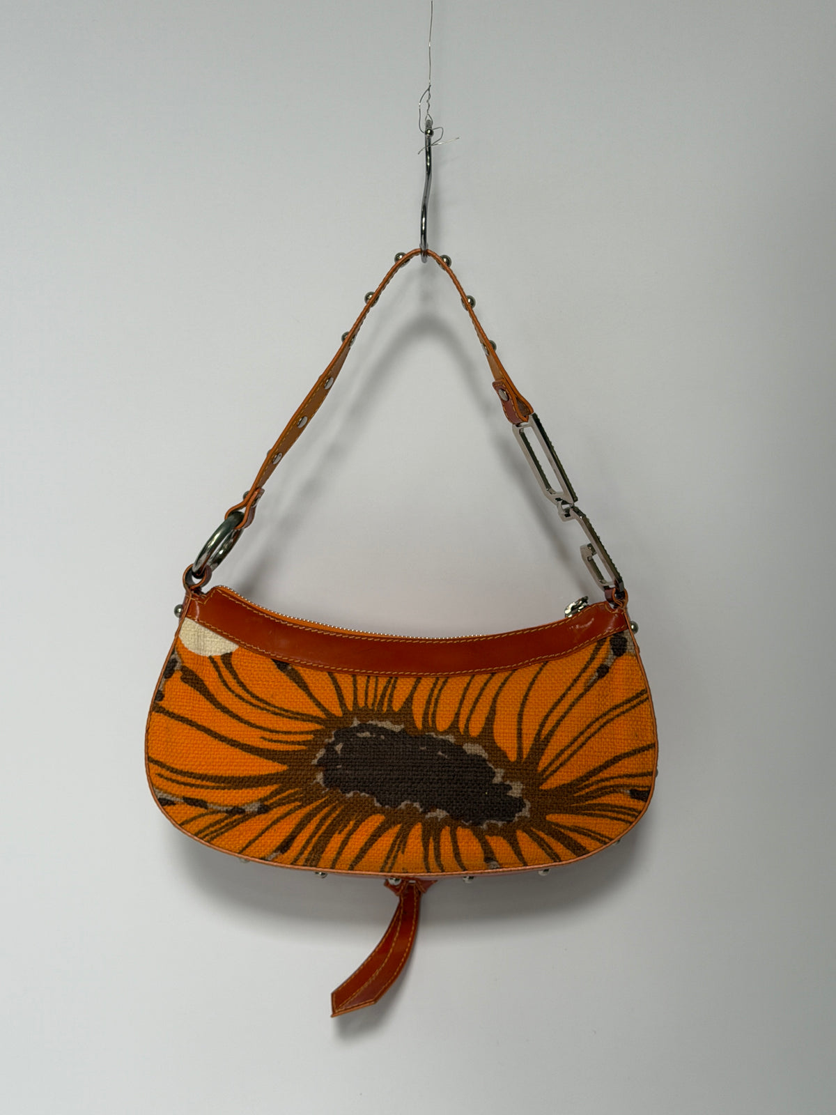 Early 2000s Orange Floral Leopard Print Canvas Shoulder Bag