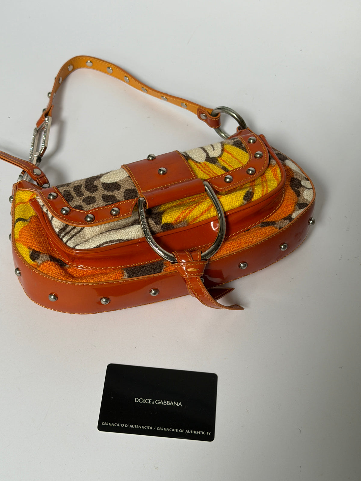 Early 2000s Orange Floral Leopard Print Canvas Shoulder Bag