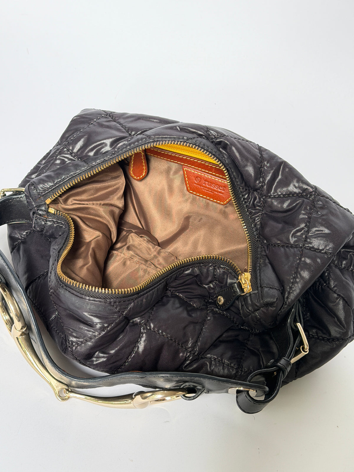 Black Quilted Nylon Hobo Shoulder Bag with Horsebit Leather Handle