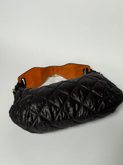 Black Quilted Nylon Hobo Shoulder Bag with Horsebit Leather Handle