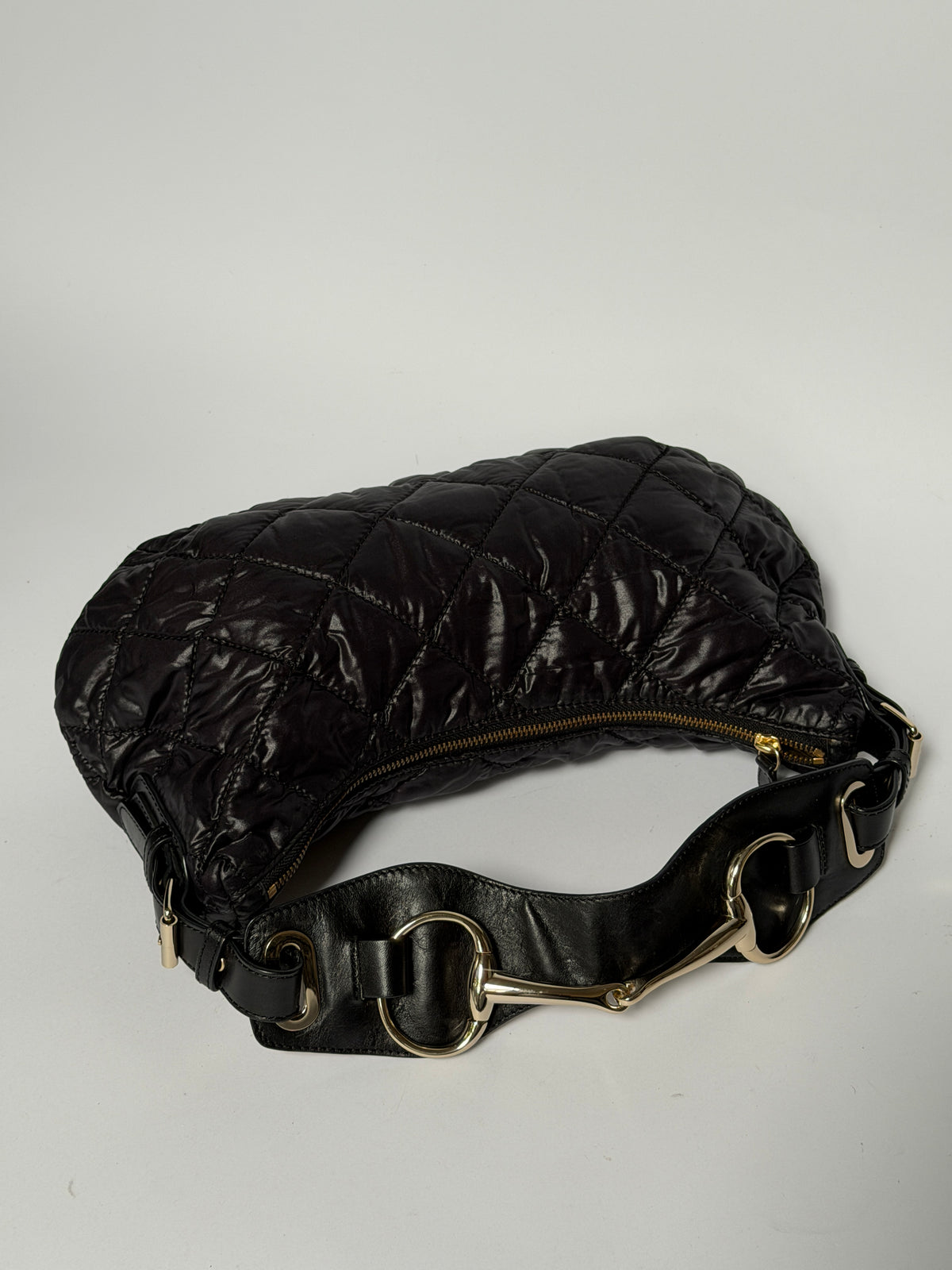Black Quilted Nylon Hobo Shoulder Bag with Horsebit Leather Handle