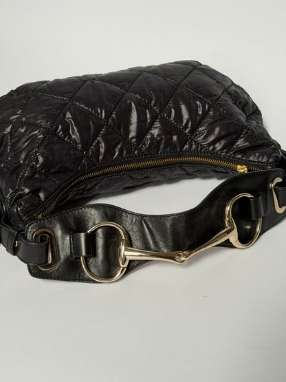 Black Quilted Nylon Hobo Shoulder Bag with Horsebit Leather Handle