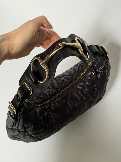 Black Quilted Nylon Hobo Shoulder Bag with Horsebit Leather Handle