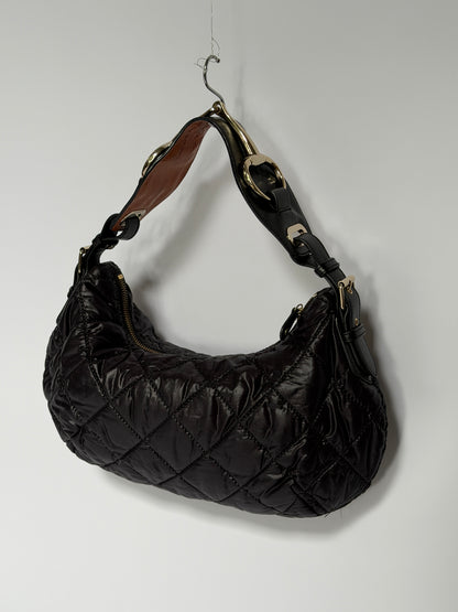 Black Quilted Nylon Hobo Shoulder Bag with Horsebit Leather Handle
