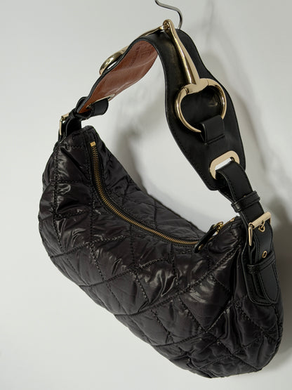Black Quilted Nylon Hobo Shoulder Bag with Horsebit Leather Handle