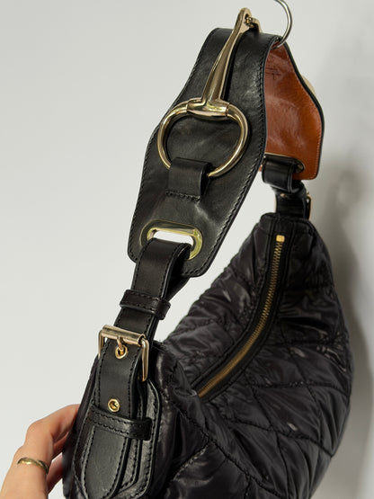 Black Quilted Nylon Hobo Shoulder Bag with Horsebit Leather Handle
