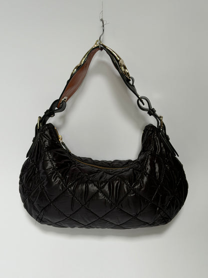 Black Quilted Nylon Hobo Shoulder Bag with Horsebit Leather Handle