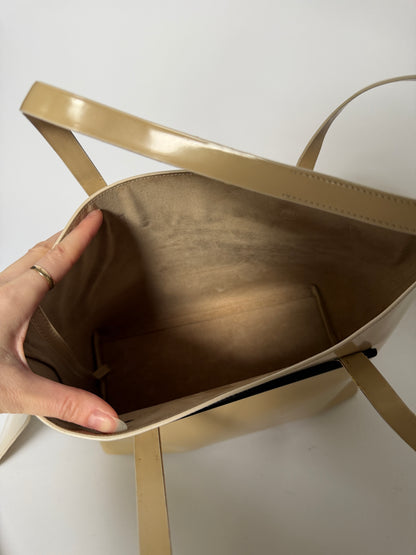 Beige Patent Leather Tote Bag with Suede Lining